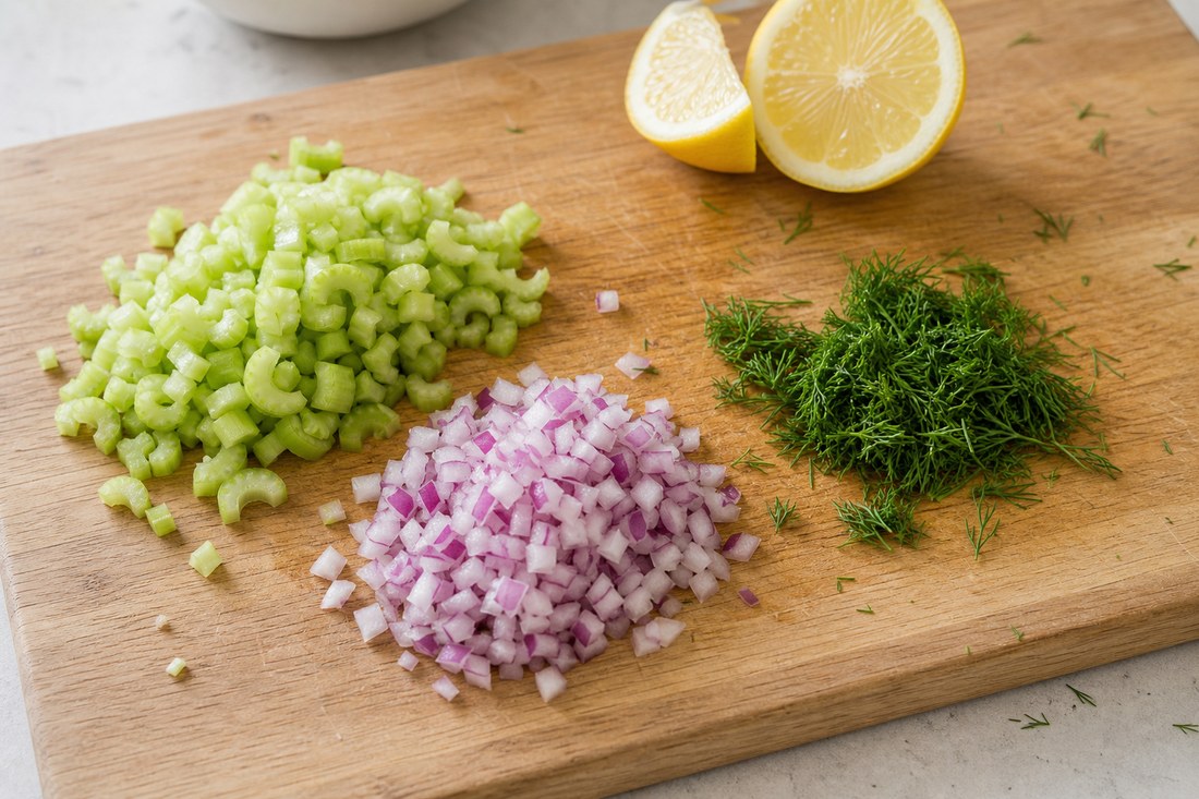 Chopped celery, red onion, dill, and lemon prepared for cottage cheese chicken salad.