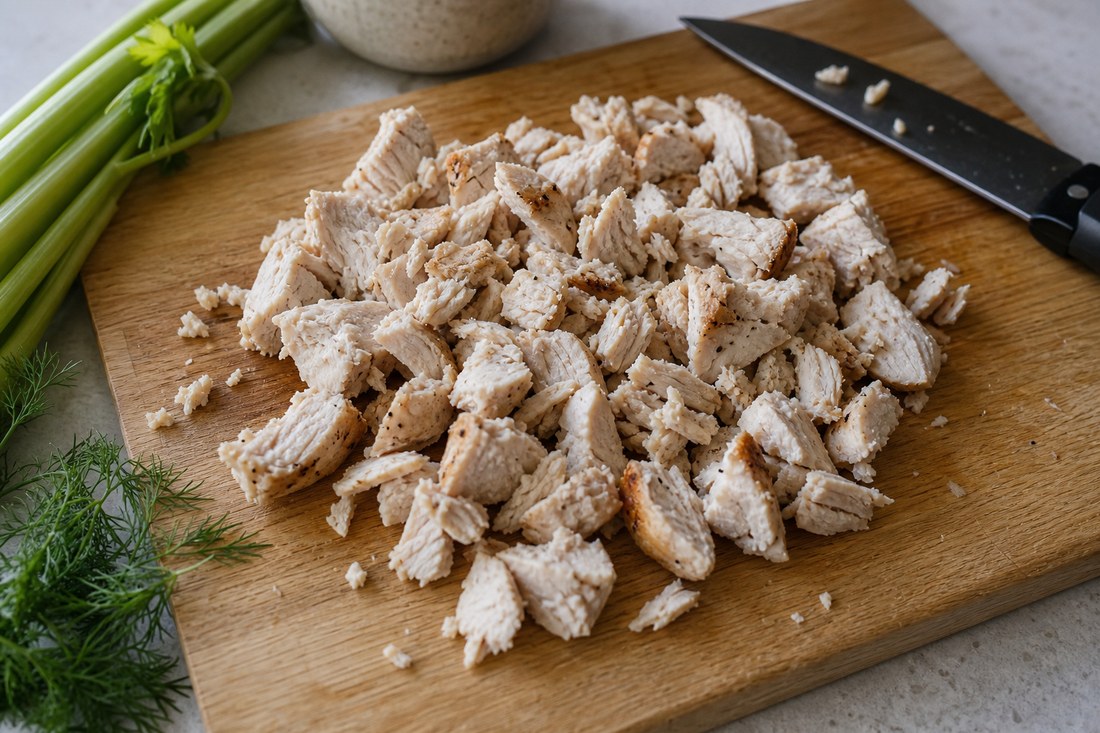 Cooked chicken pieces roughly chopped for cottage cheese chicken salad filling.