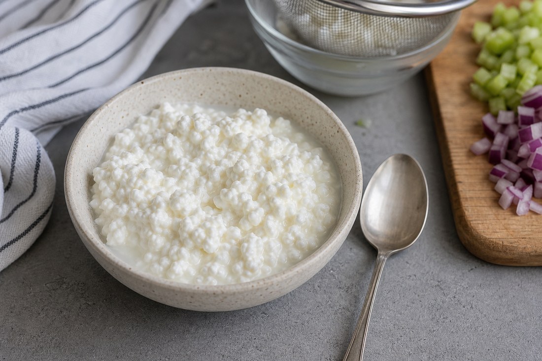 Cottage cheese with visible curds in a bowl for chicken salad cups.