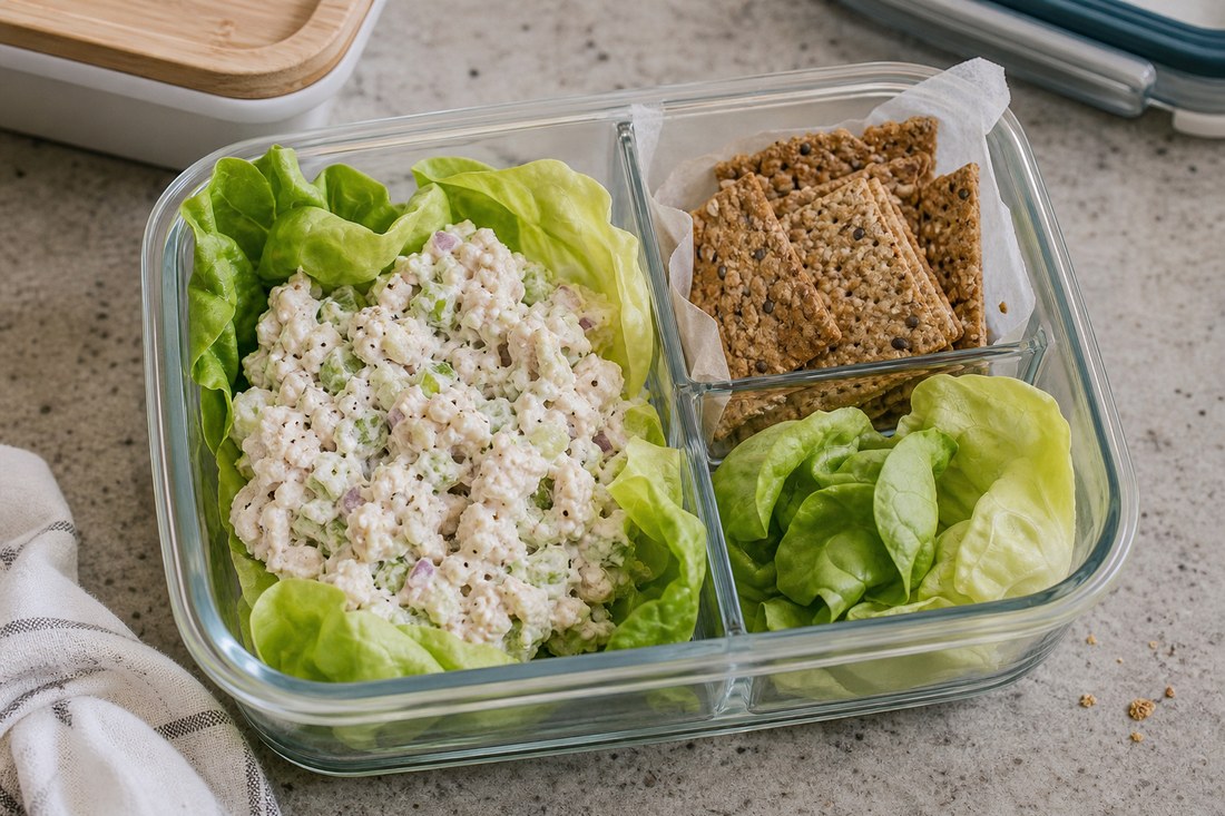 Whole-grain crackers packed separately beside cottage cheese chicken salad filling and butter lettuce.
