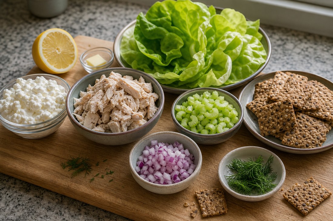 Cottage cheese chicken salad cup ingredients with cooked chicken, cottage cheese, celery, red onion, dill, lemon, butter lettuce, and crackers.