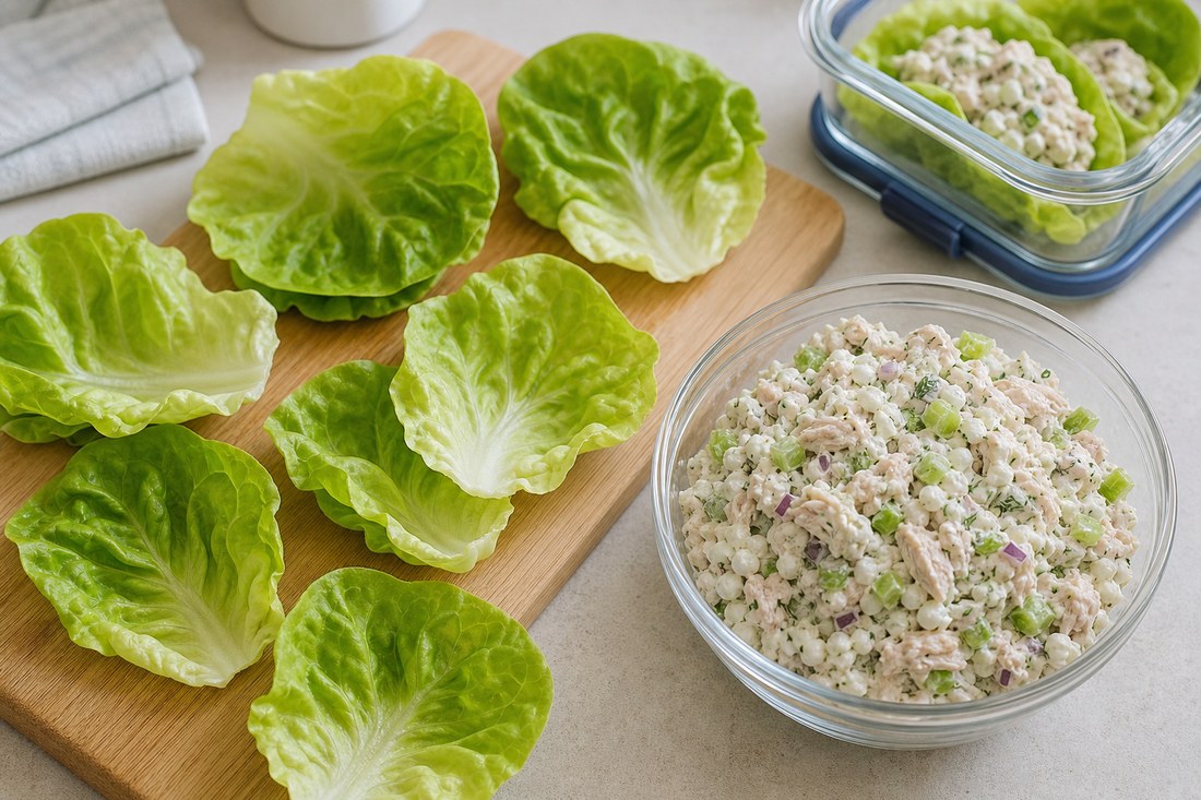 Butter lettuce leaves and cottage cheese chicken salad filling ready for assembly.