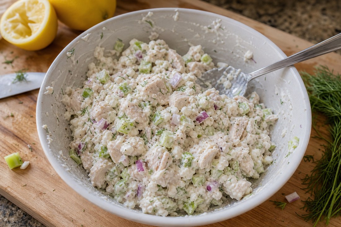 Mixed cottage cheese chicken salad filling with celery, red onion, dill, and chicken pieces.