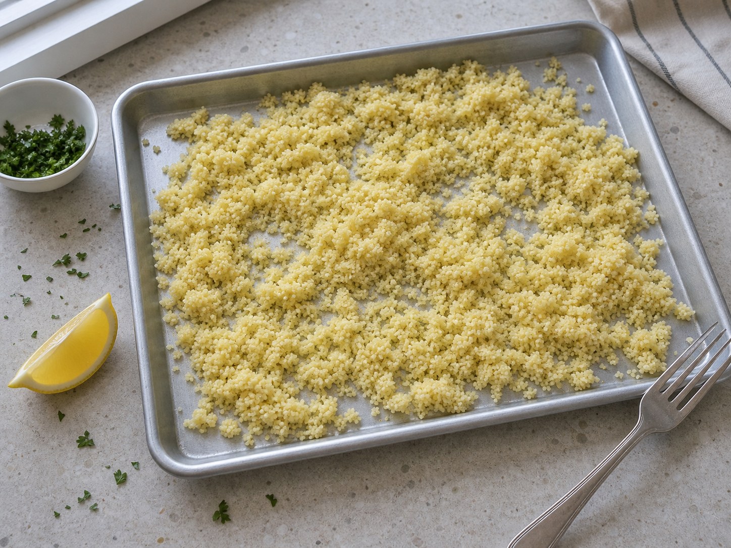 Fluffed Moroccan couscous cooling on a sheet pan before roasted vegetable couscous salad.