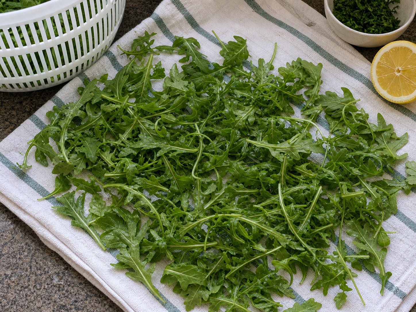 Arugula drying on a towel for couscous roasted vegetable salad.