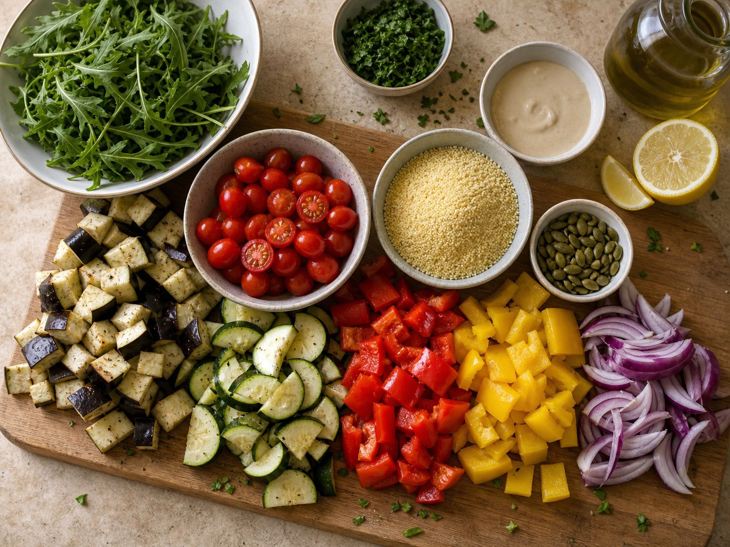 Couscous roasted vegetable salad ingredients with couscous, eggplant, zucchini, bell peppers, red onion, cherry tomatoes, arugula, pumpkin seeds, lemon, tahini, olive oil, and herbs.