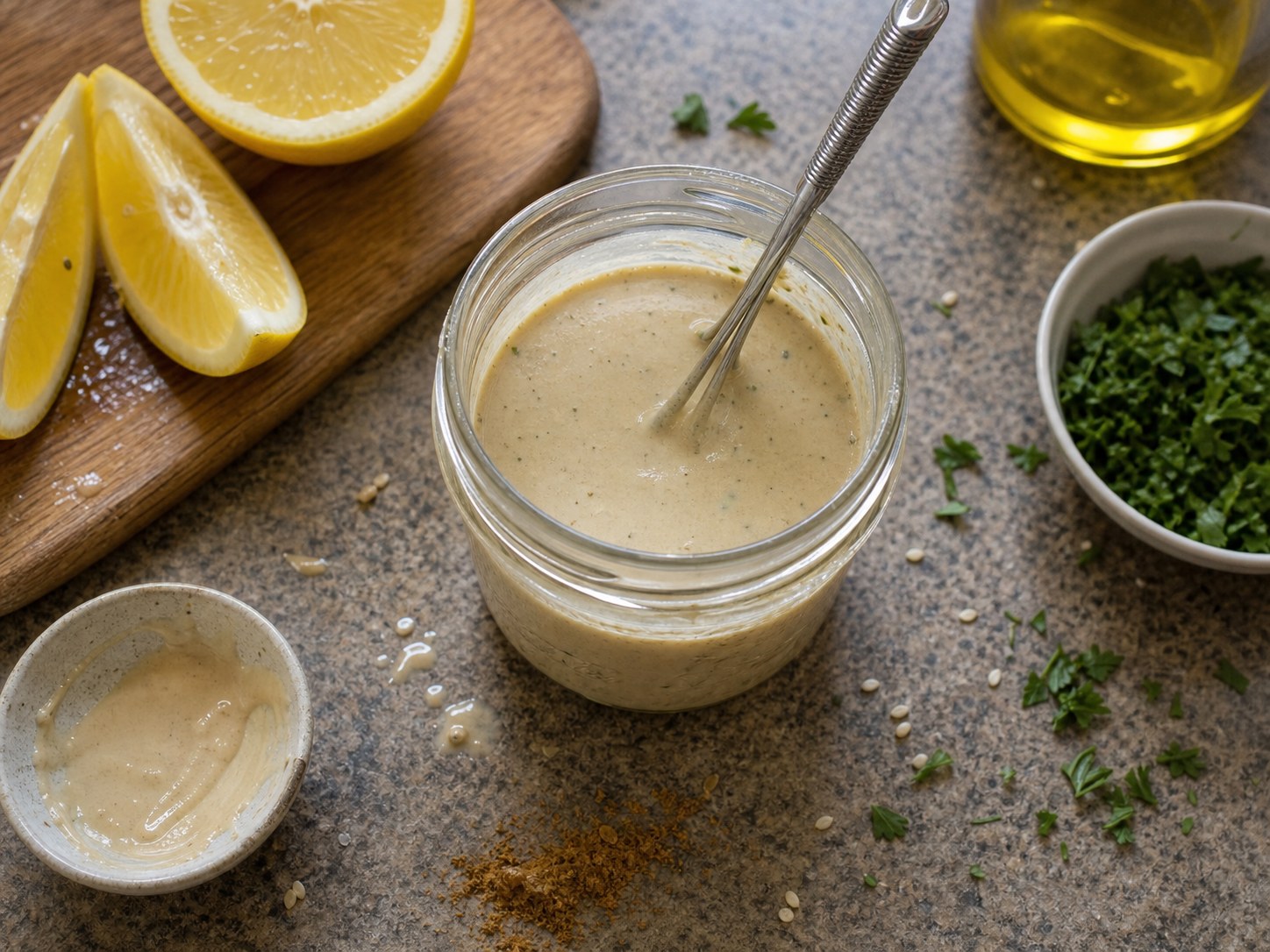 Smooth lemon tahini dressing in a jar for couscous roasted vegetable salad.