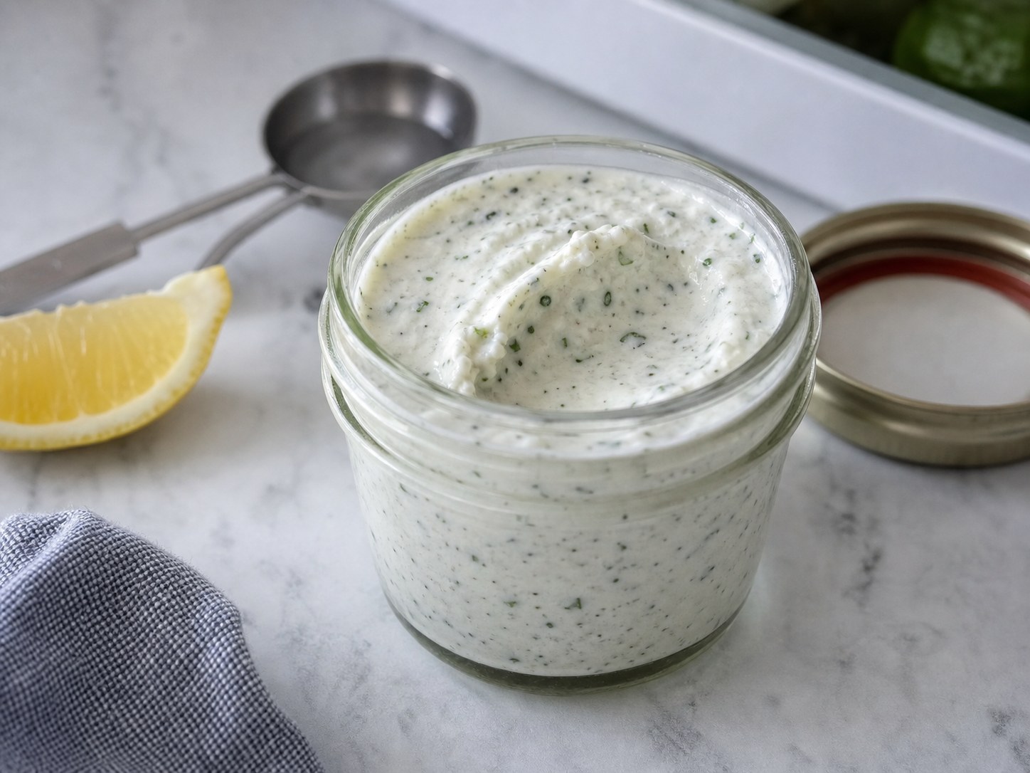 Chilled thick Greek yogurt ranch in a small glass jar before final thinning.