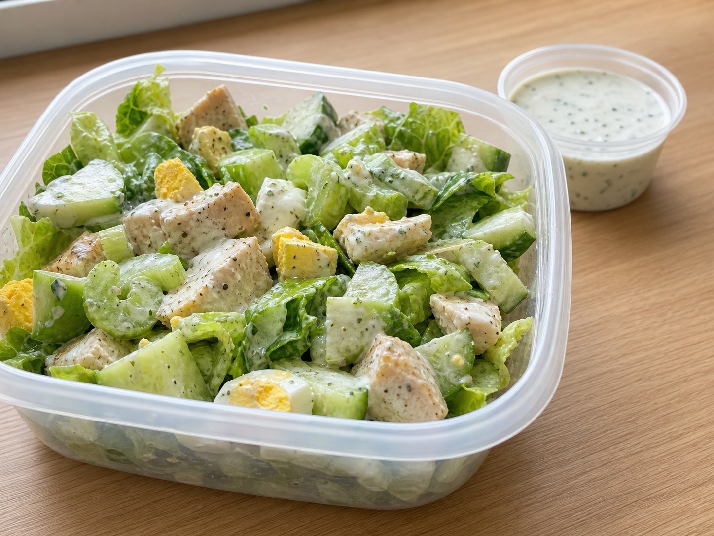 Work salad lightly dressed with Greek yogurt ranch, chicken, cucumber, romaine, celery, and egg.