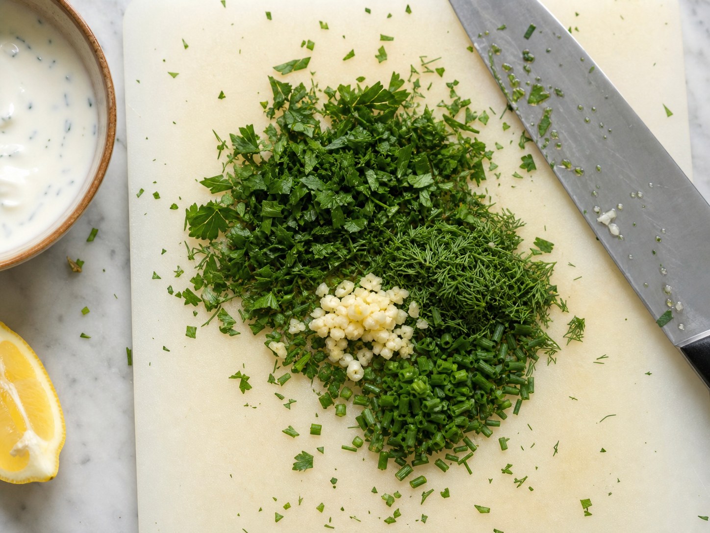 Fresh dill, parsley, chives, and garlic chopped on a board for Greek yogurt ranch.