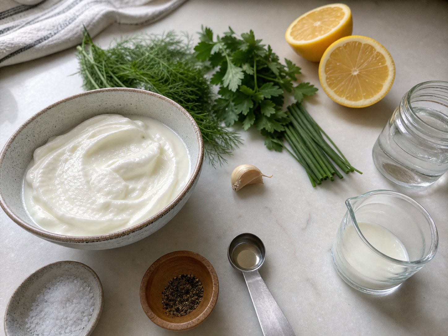 Greek yogurt ranch ingredients with yogurt, herbs, garlic, lemon, salt, pepper, water, and a small jar.
