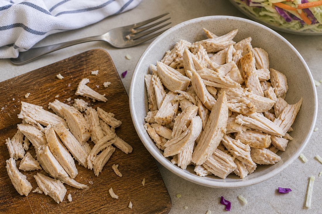 Cooked chicken breast pulled into uneven strips for a cold cabbage salad.