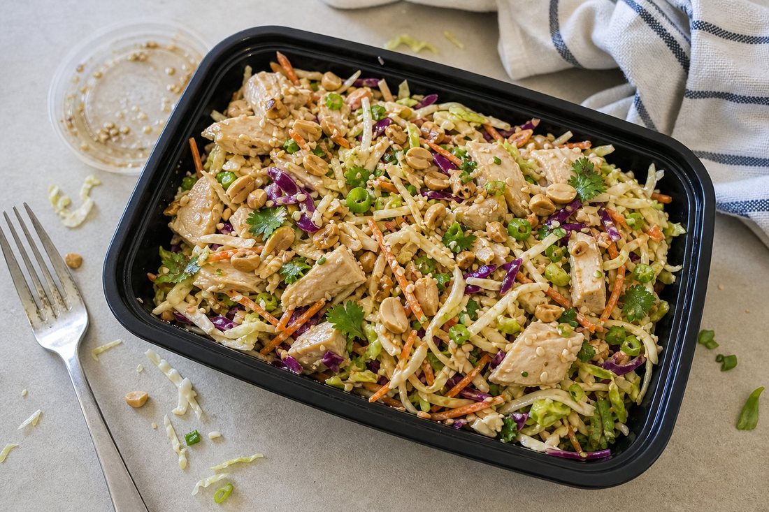 Finished crunchy chicken cabbage salad in a lunch container with dressing and peanuts added.