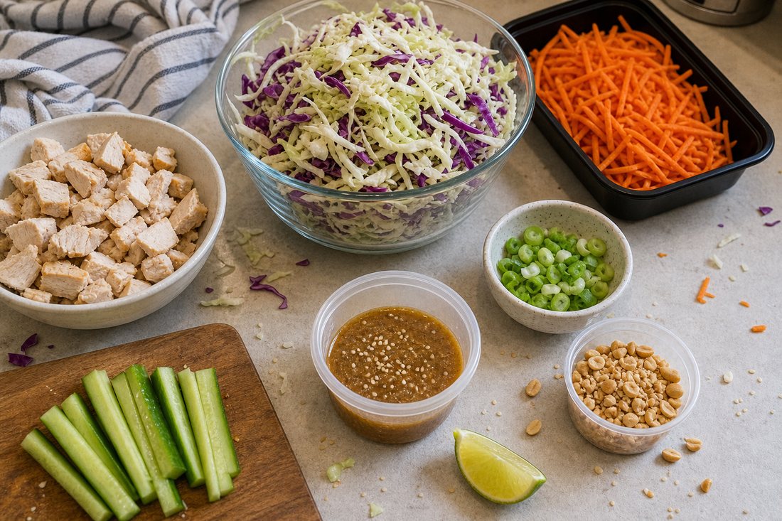 Crunchy chicken cabbage salad ingredients with cooked chicken, shredded cabbage, carrots, scallions, ginger sesame dressing, peanuts, and lime.
