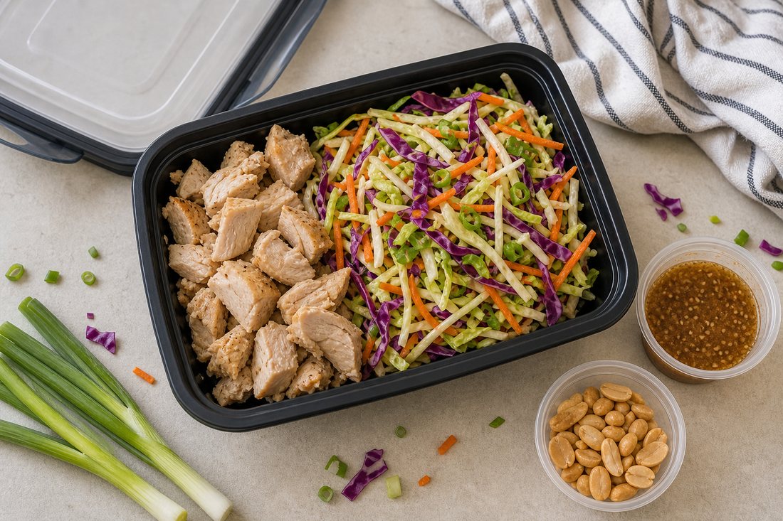 Packed crunchy chicken cabbage salad box with slaw, chicken, dressing cup, and peanuts kept apart.