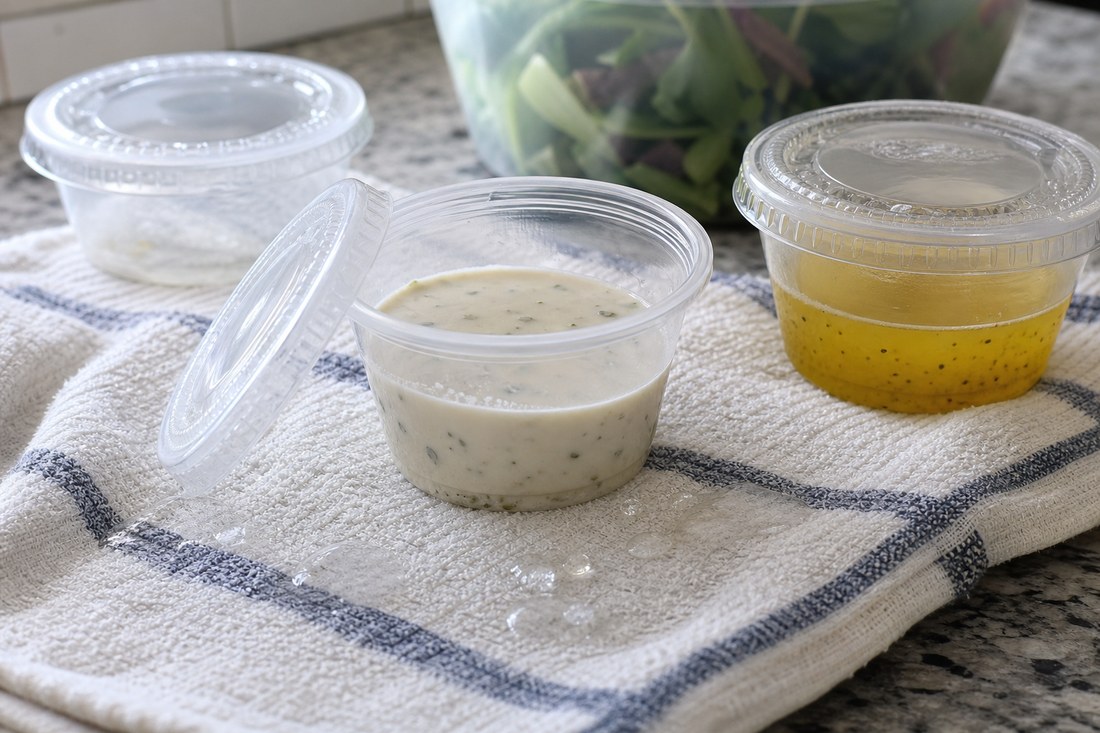Small dressing cups with lids on a towel during a simple leak check before packing salads.