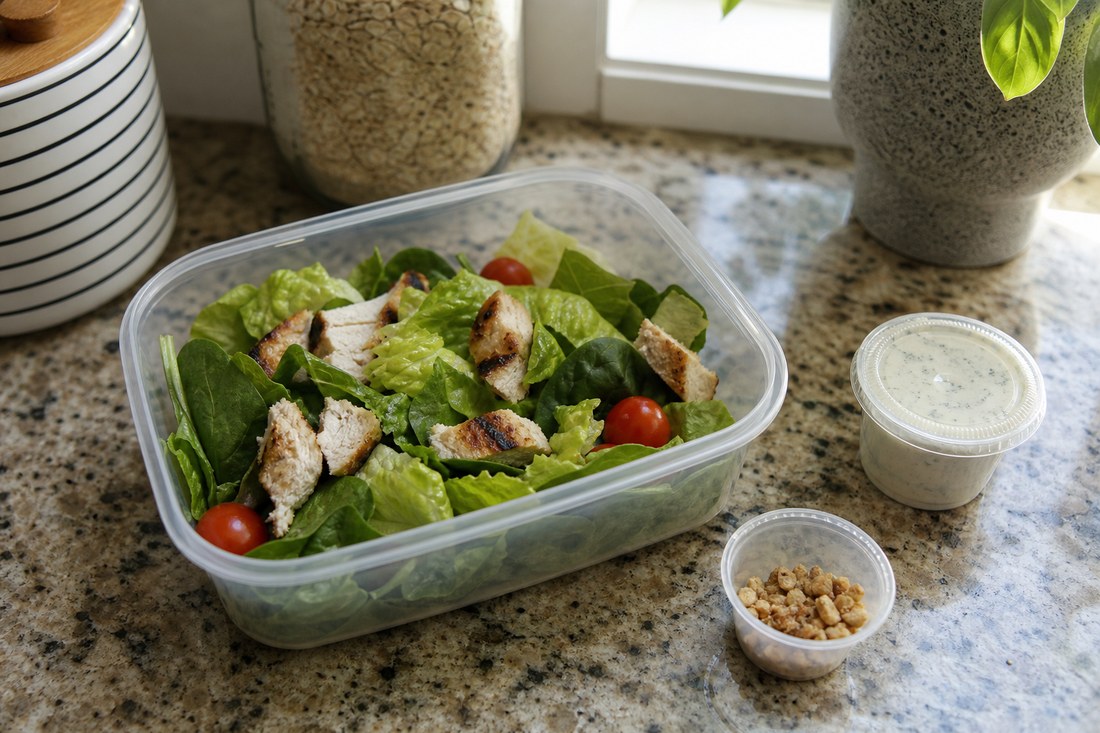 A work salad container with romaine, spinach, chicken, tomatoes, a sealed dressing cup, and a small dry topping cup.
