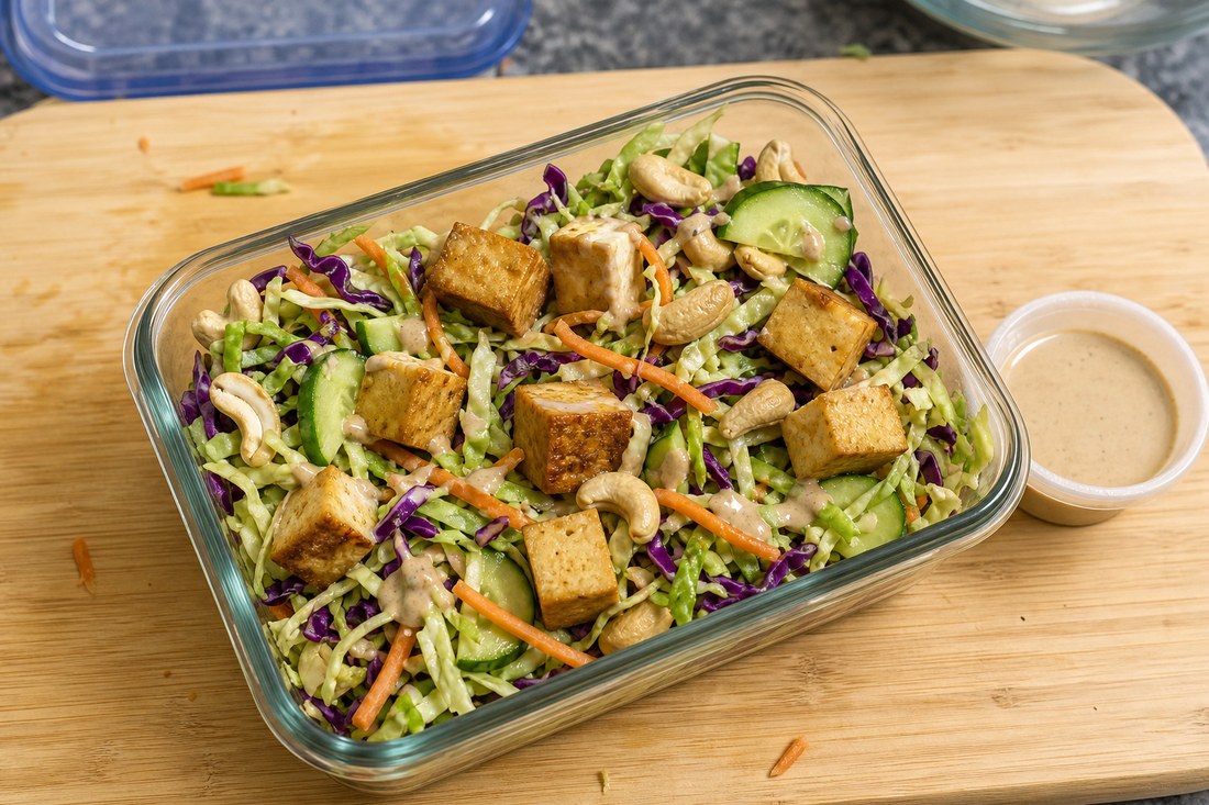 A cabbage tofu salad with a light tahini sesame coating and an extra dressing cup on the side.