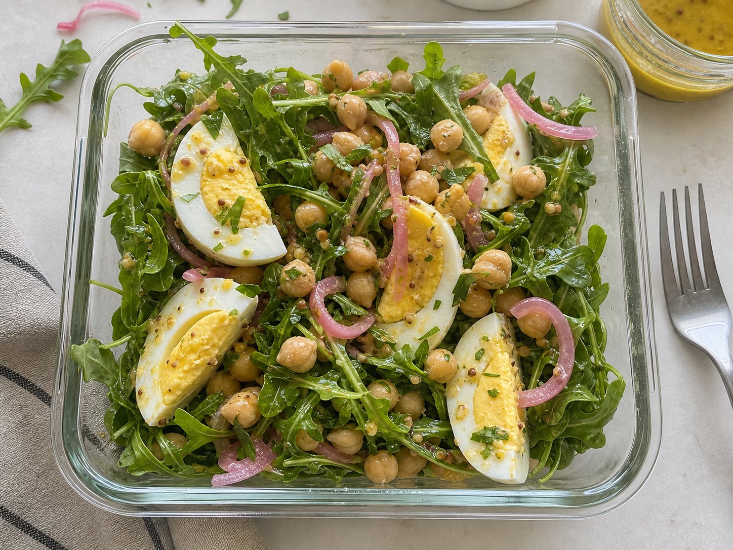 Finished egg and chickpea protein salad lightly dressed with visible egg wedges, chickpeas, greens, herbs, and pickled onions.