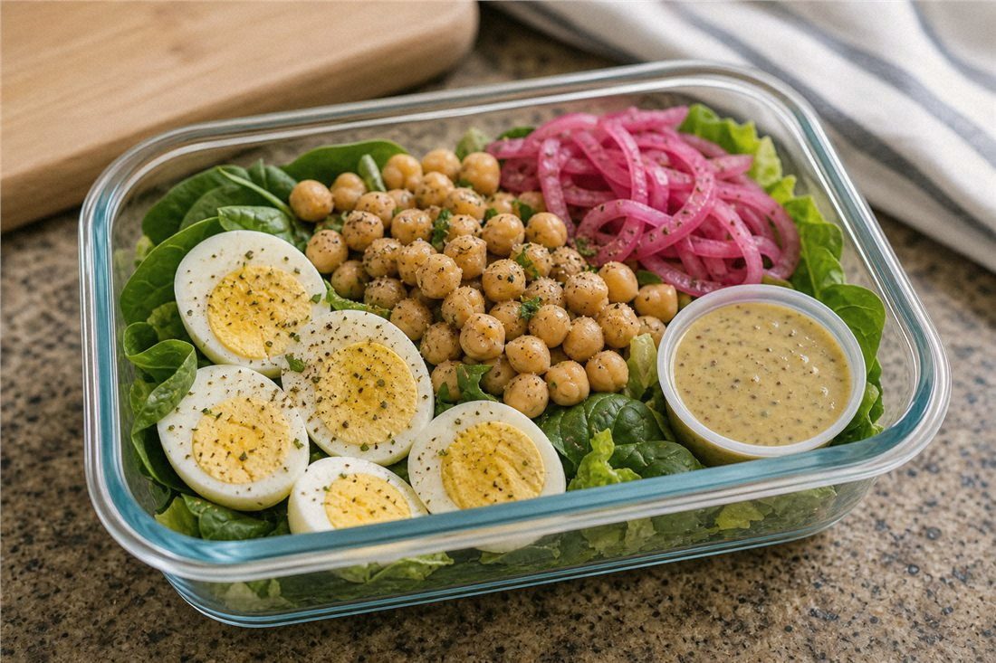 Egg and chickpea protein salad packed in a glass lunch container with greens, pickled onions, and mustard dressing in a cup.