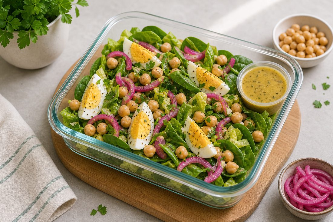 Egg and chickpea salad in a glass container with quartered eggs, chickpeas, greens, pickled onions, herbs, and dressing cup.