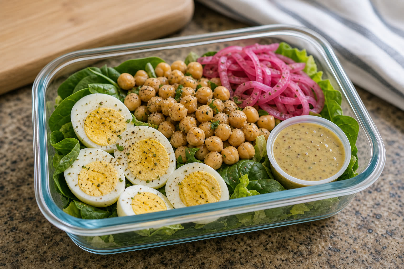 Egg and Chickpea Protein Salad prepared as a workday lunch salad.