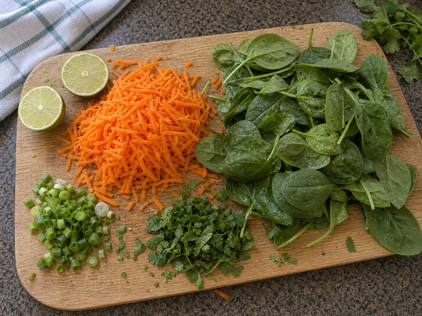 Shredded carrots, spinach, scallions, herbs, and lime for farro edamame carrot salad.