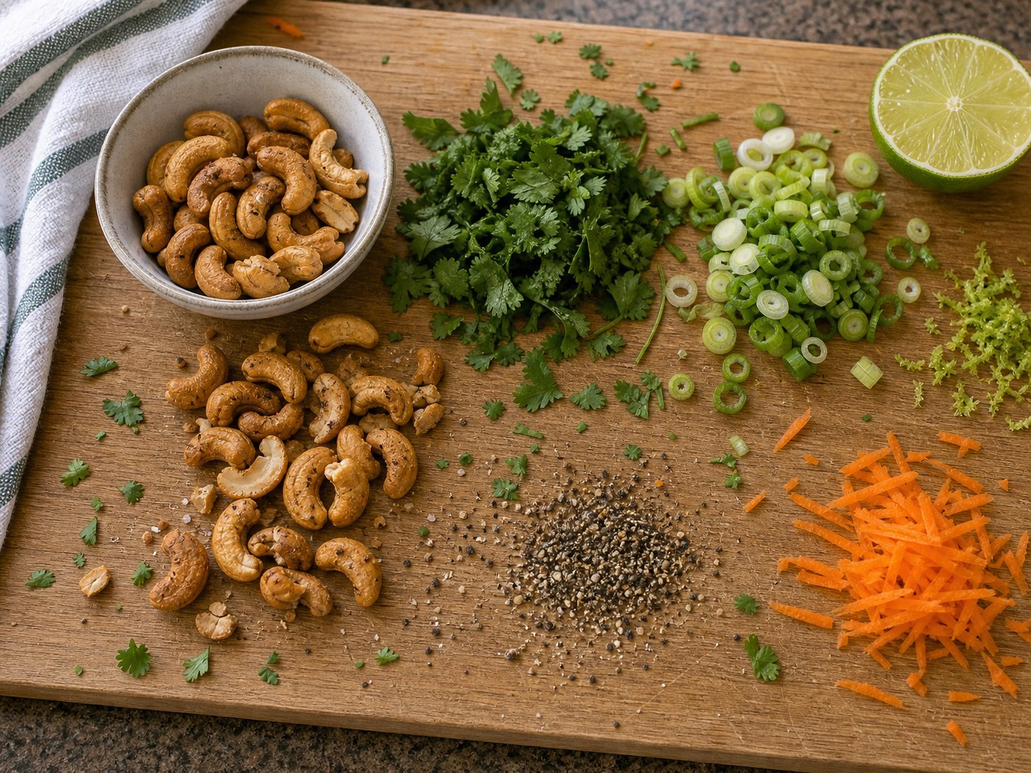 Cashews, herbs, scallions, lime zest, and pepper for finishing farro edamame carrot salad.