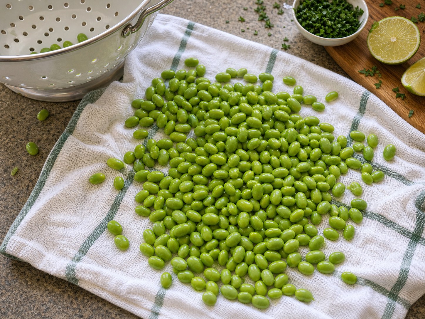 Shelled edamame draining on a towel for farro edamame carrot salad.