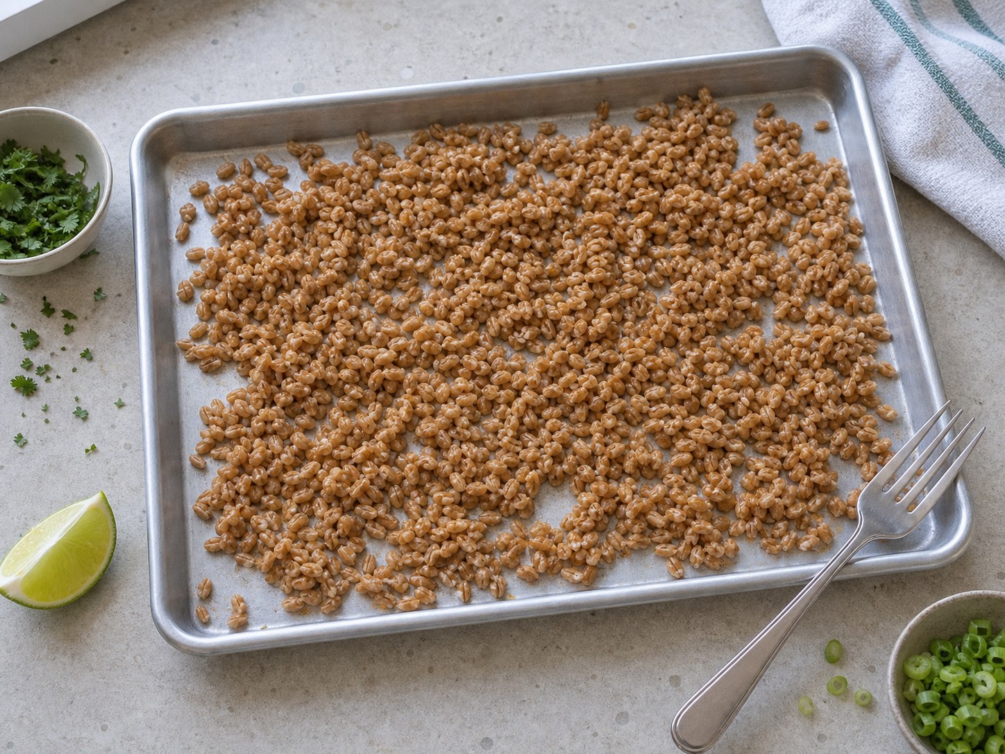 Cooked farro cooling on a sheet pan for farro edamame carrot salad.
