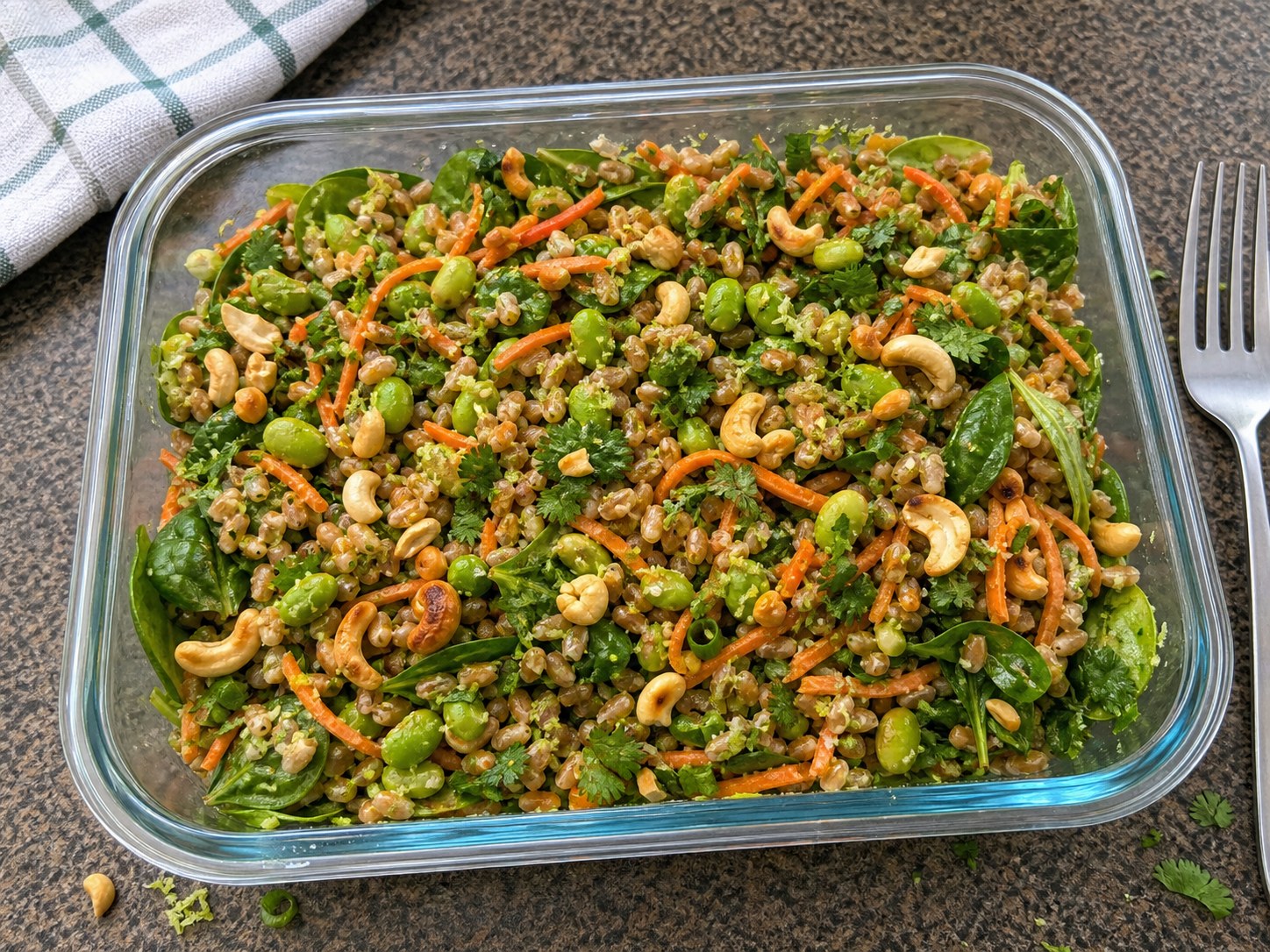 Finished farro edamame carrot salad lightly mixed with spinach, ginger lime herbs, cashews, carrots, and edamame.