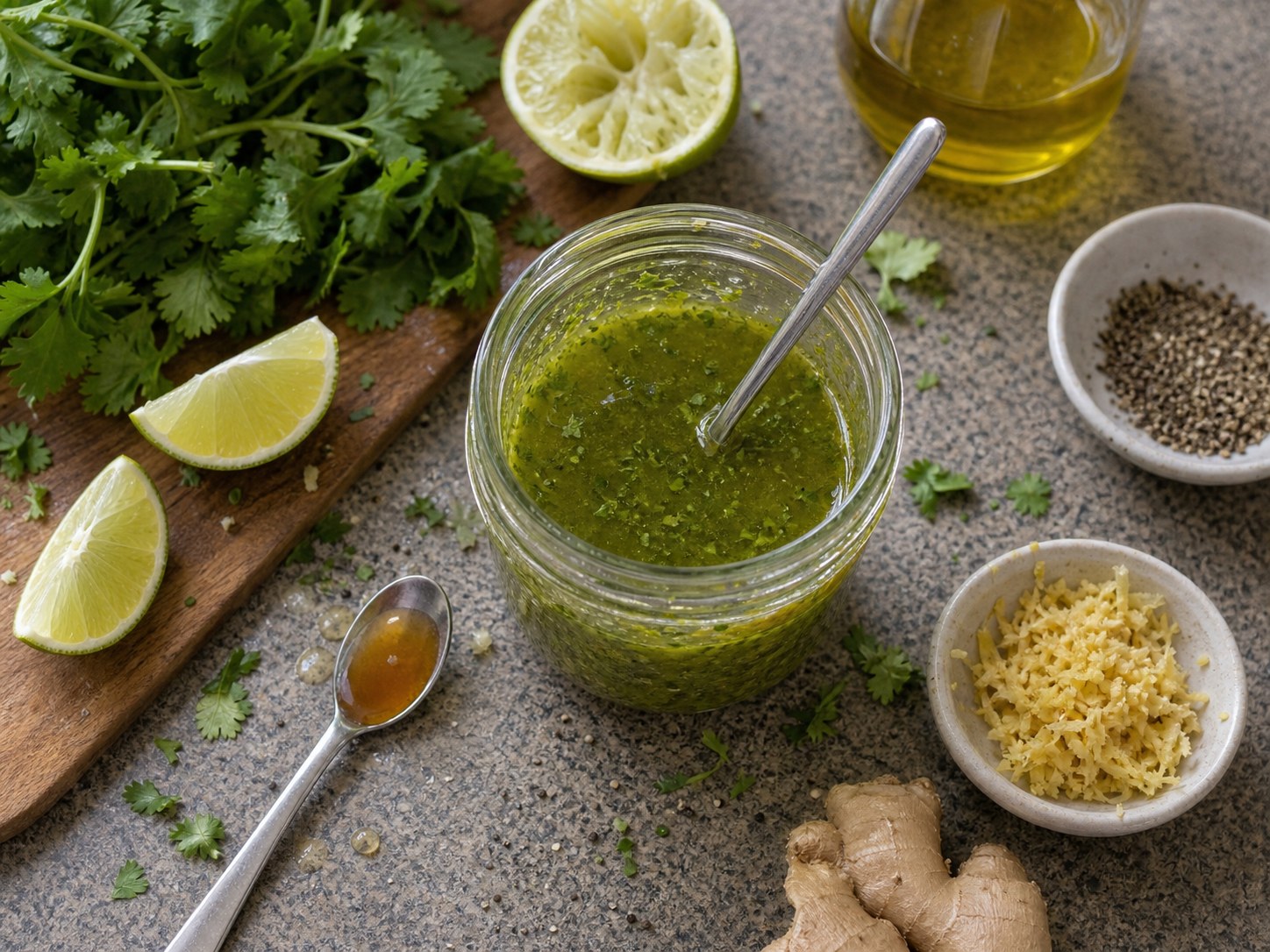 Green ginger lime herb dressing in a jar for farro edamame carrot salad.