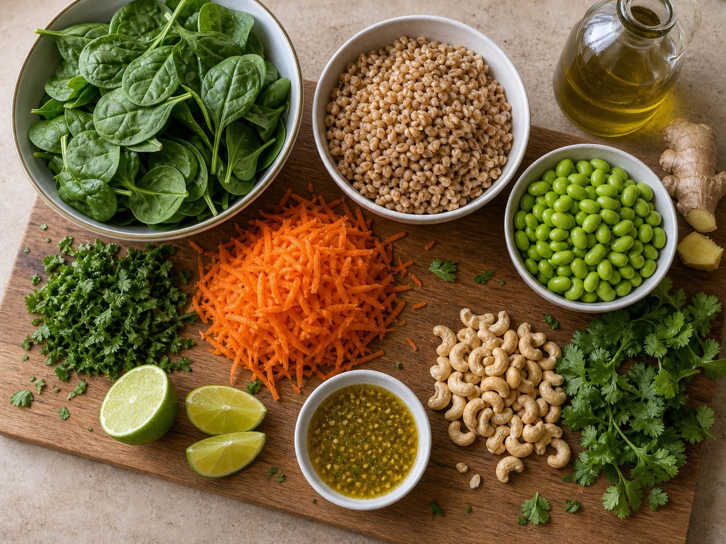 Farro edamame carrot salad ingredients with farro, edamame, shredded carrots, spinach, cashews, lime, ginger, herbs, scallions, and green dressing ingredients.