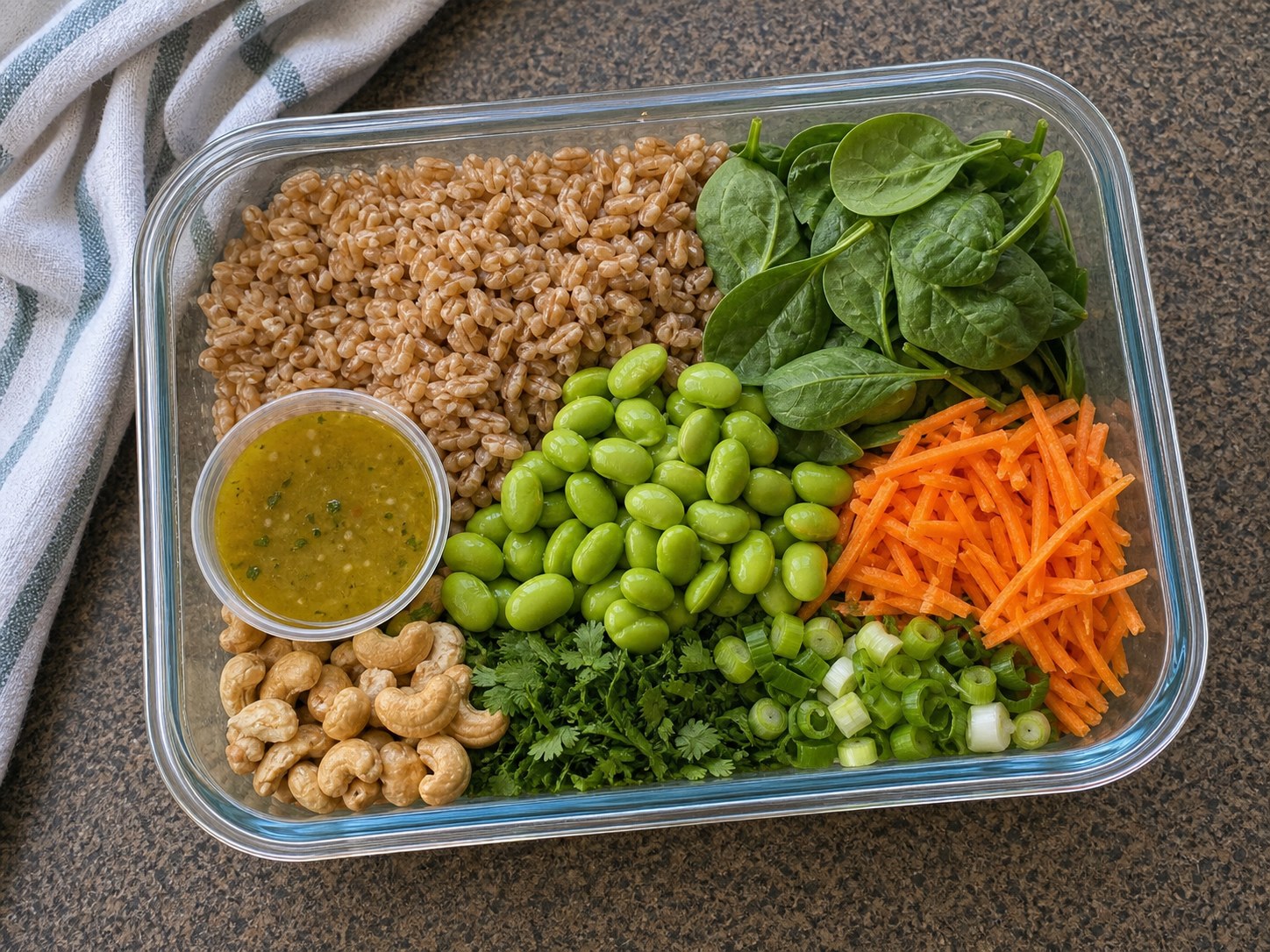 Unmixed farro edamame carrot salad packed with farro, edamame, shredded carrots, spinach, ginger lime dressing, cashews, herbs, and scallions.