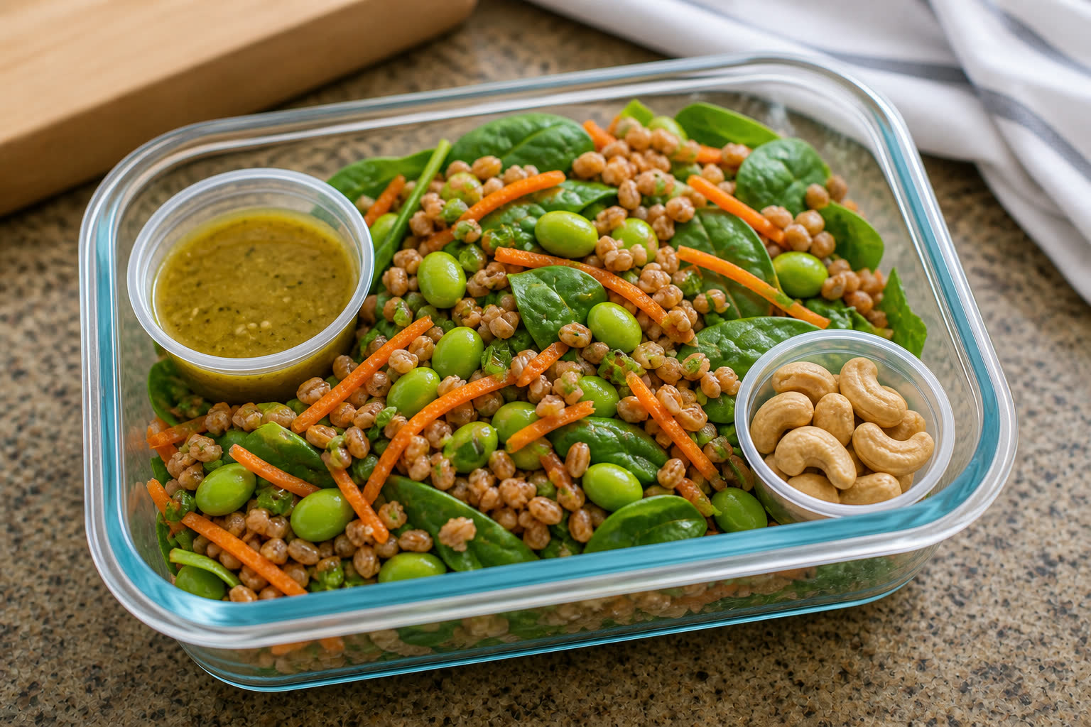 Farro Salad with Edamame and Carrots prepared as a workday lunch salad.