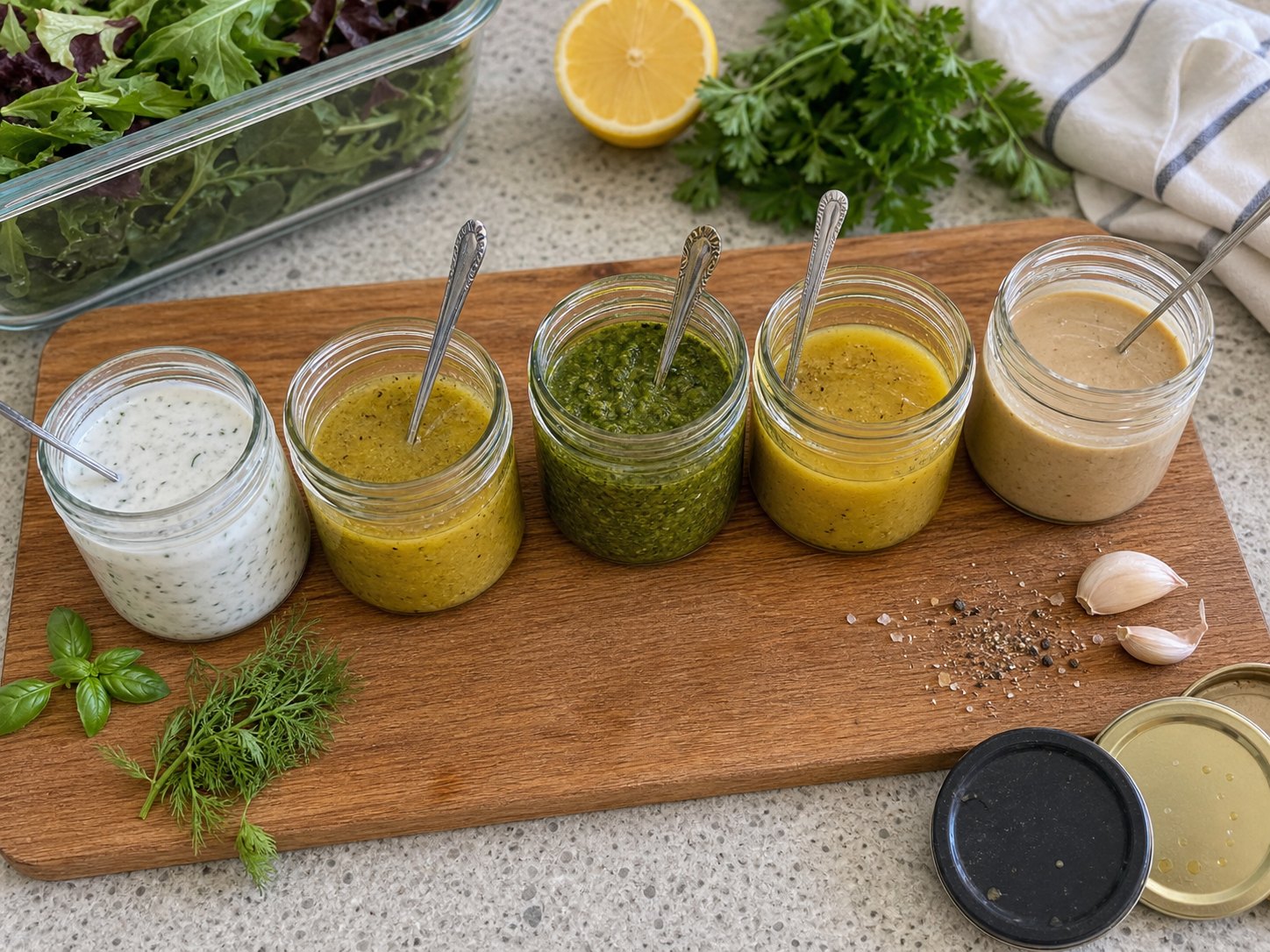 Five small dressing jars in different colors and textures for weekly salad meal prep.