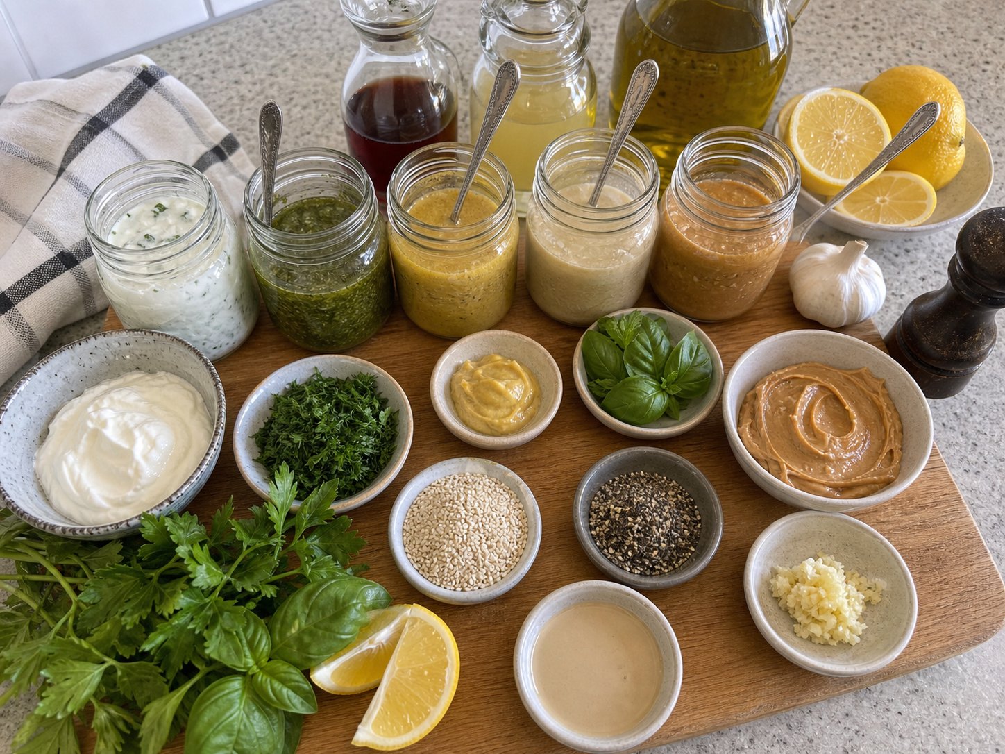 Ingredients for five homemade salad dressings arranged by creamy, mustard, pesto, lemon, and tahini styles.