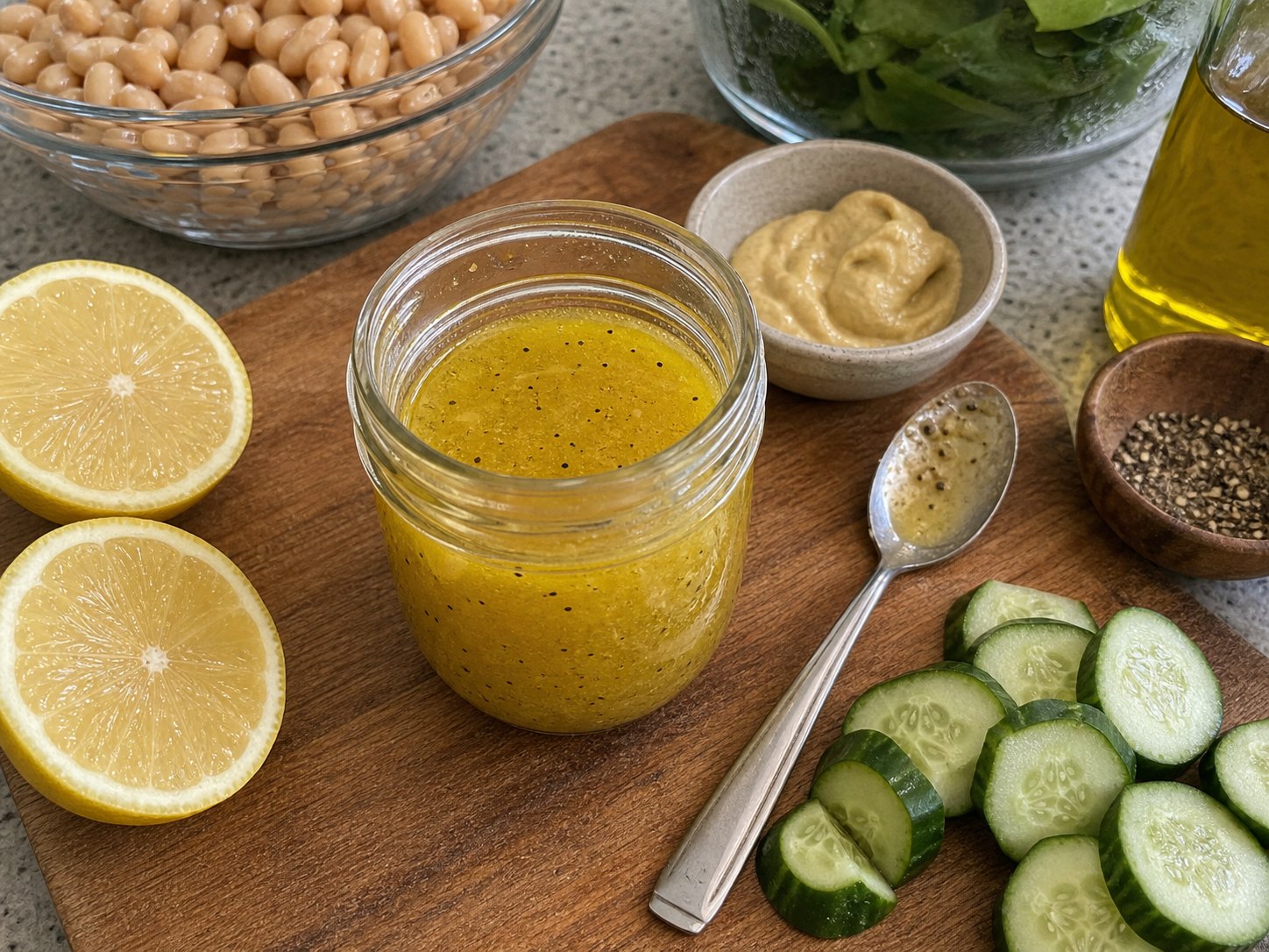 Lemon Dijon vinaigrette in a small jar with lemon and mustard ingredients.