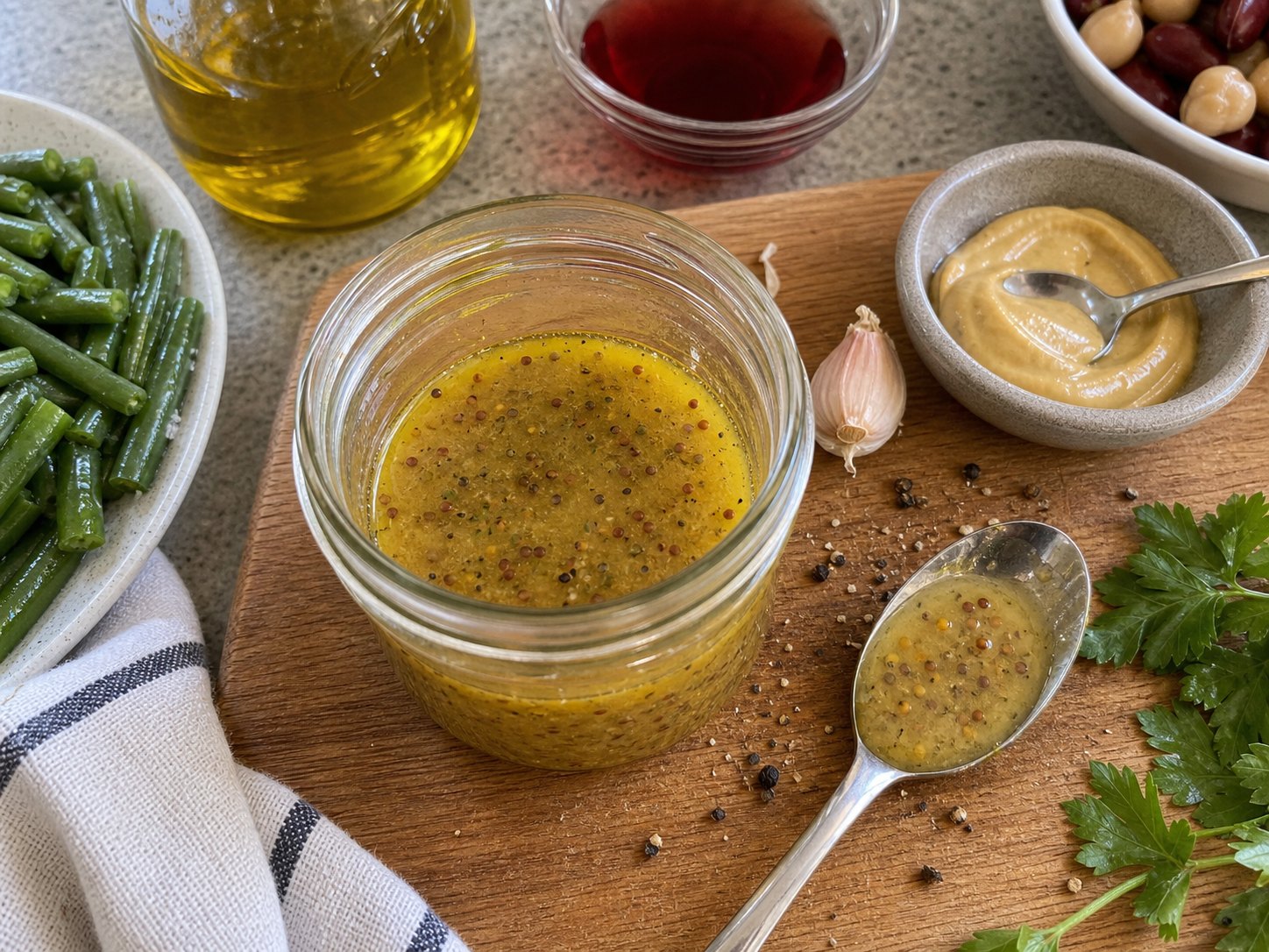 Mustard vinaigrette in a jar with Dijon mustard and vinegar ingredients nearby.