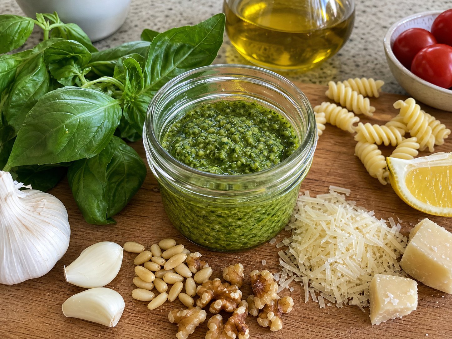 Green pesto basil dressing loosened in a small jar for pasta or chicken salad.