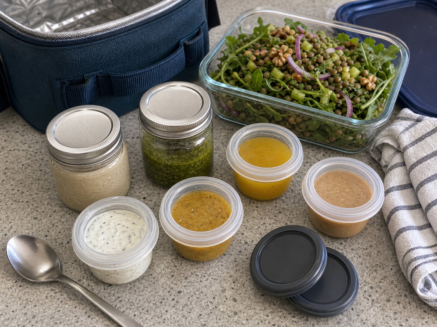 Small sealed dressing cups packed for work lunch with salad containers.