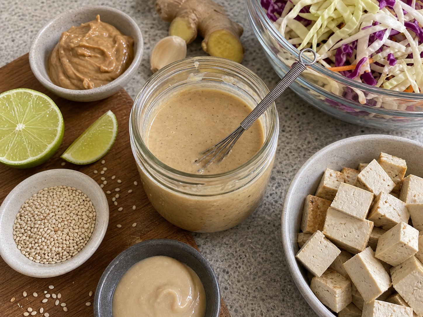 Tahini sesame dressing in a small jar with sesame and nutty dressing ingredients.