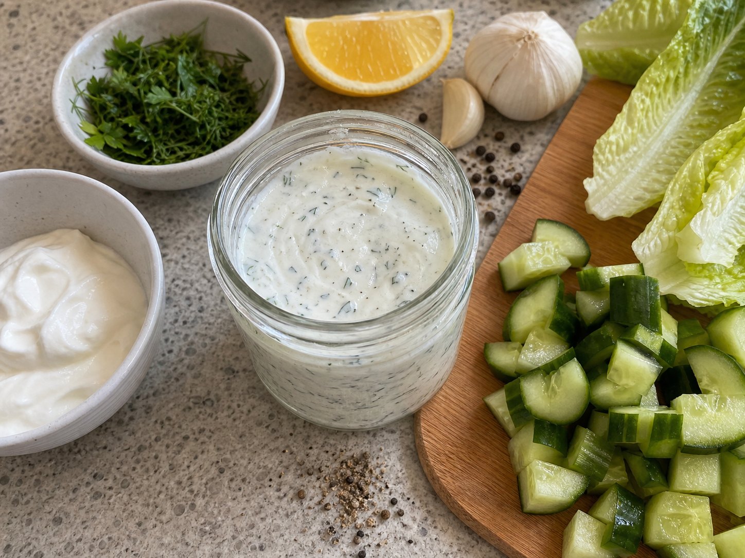Creamy yogurt herb dressing in a small jar with herbs and lemon nearby.