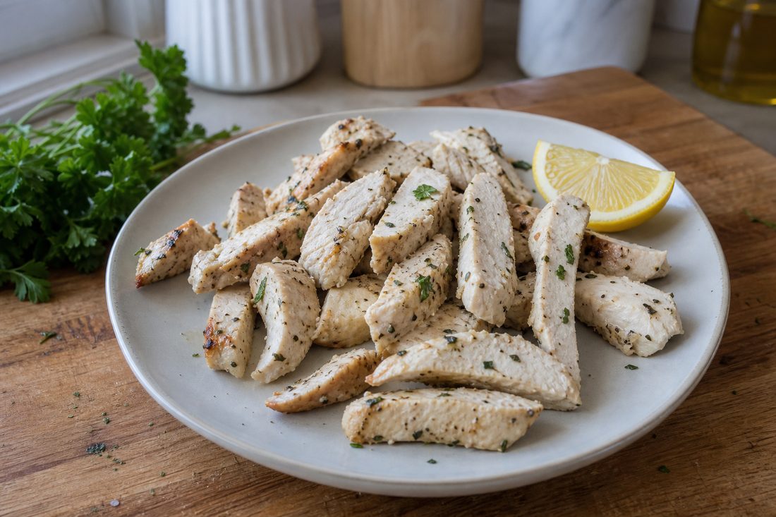 Cooled lemon chicken strips on a plate with herbs and lemon for a Greek salad lunch box.