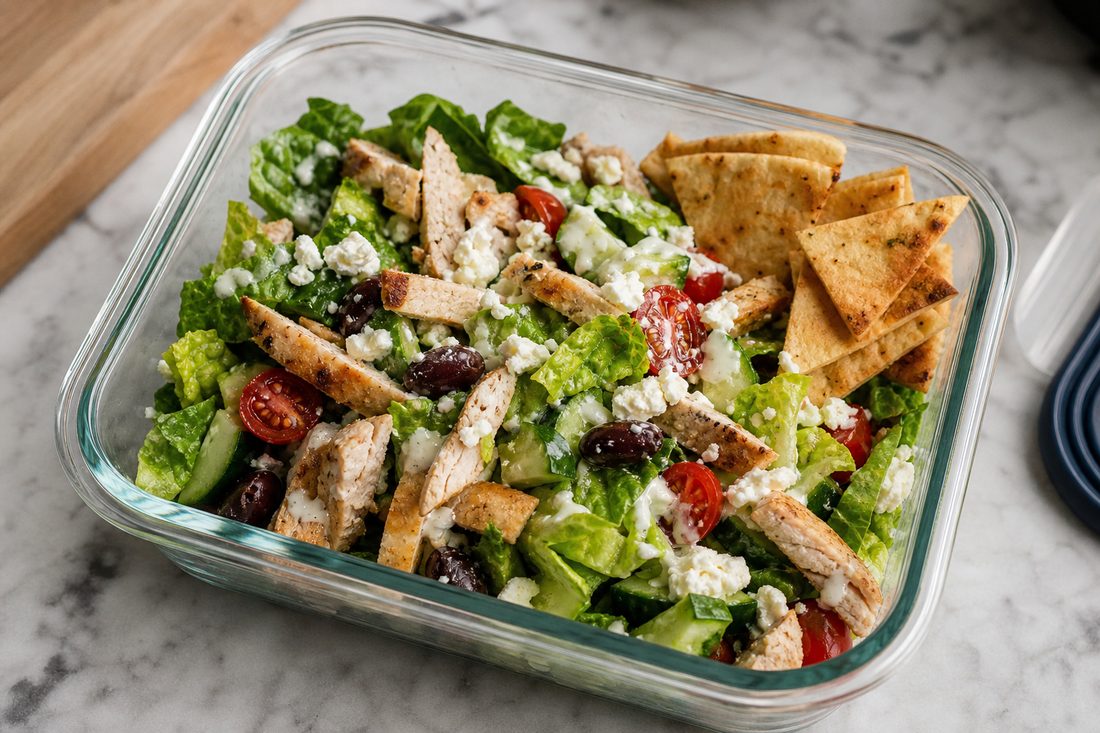 Finished Greek chicken salad lunch box after yogurt dressing and pita chips are added.