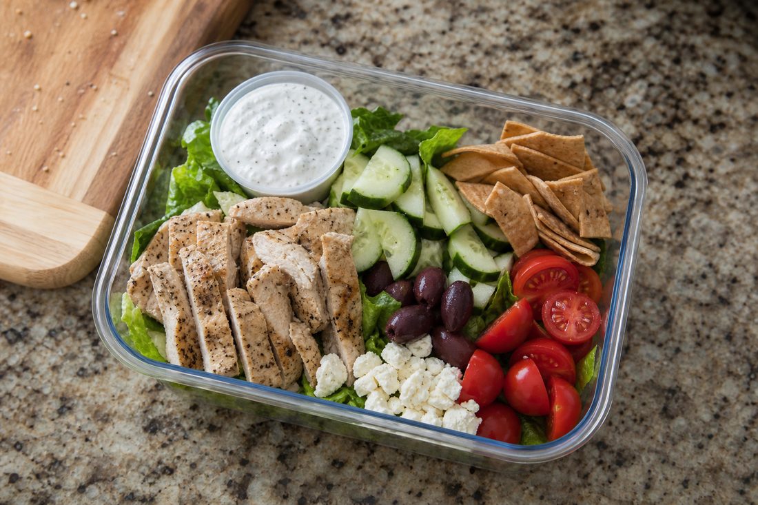 Undressed Greek chicken salad lunch box with chicken, romaine, cucumber, tomatoes, olives, feta, dressing cup, and pita chips.