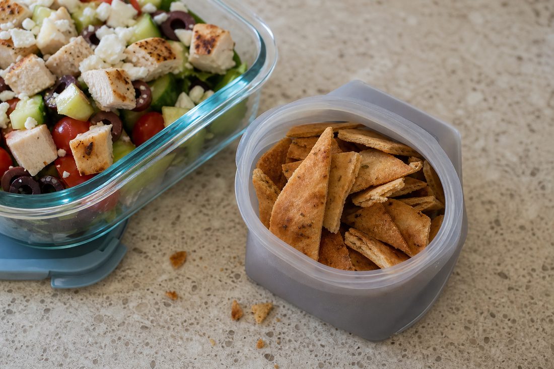 Pita chips packed in a separate dry cup beside a Greek chicken salad lunch box.