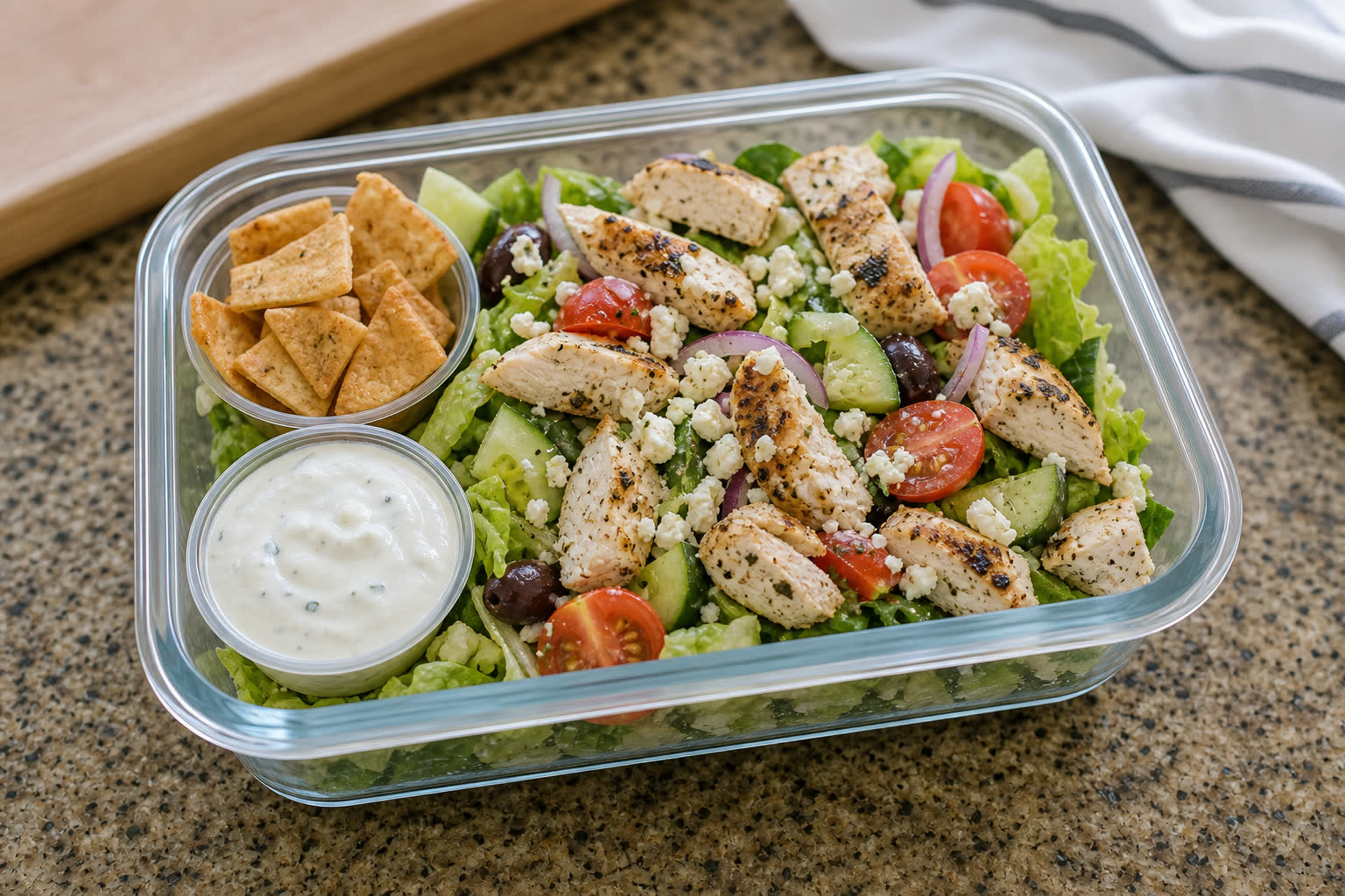 Greek Chicken Salad Lunch Boxes with Yogurt Dressing prepared as a workday lunch salad.