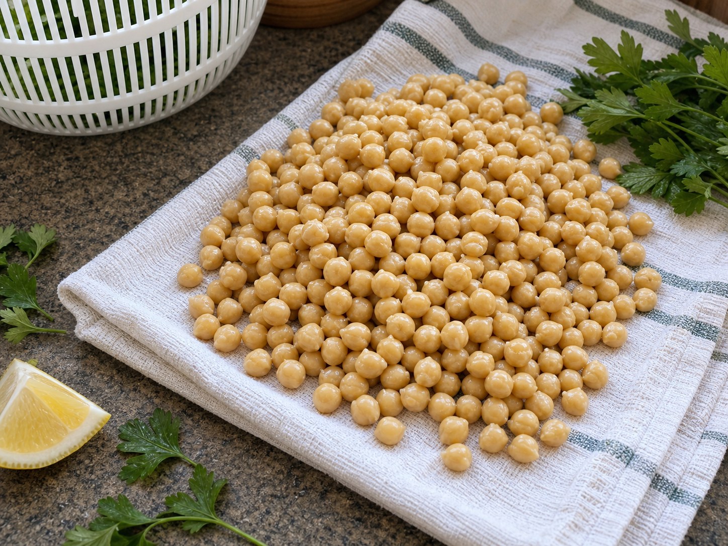 Rinsed chickpeas draining on a towel for Greek orzo chickpea salad.