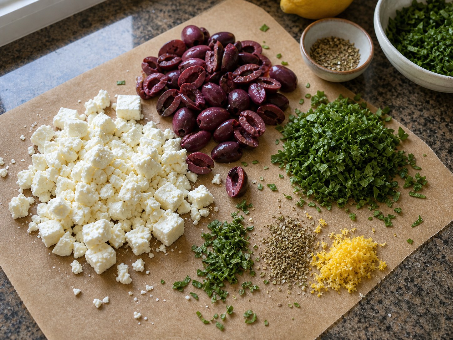 Crumbled feta, Kalamata olives, chopped herbs, oregano, and lemon zest for Greek orzo chickpea salad.